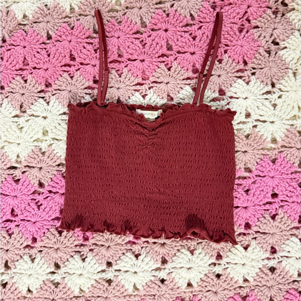 Bozzolo Wine Red Smocked Cami with Ruffle Trim